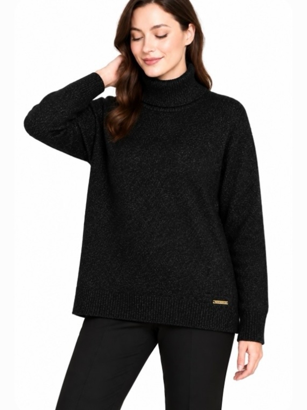 NWT Anne Klein Sweater size XL Black Gold Metallic Thread Loose Turtleneck Soft